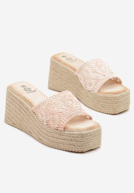 Różowe Klapki na Koturnie z Plecionką Koriva