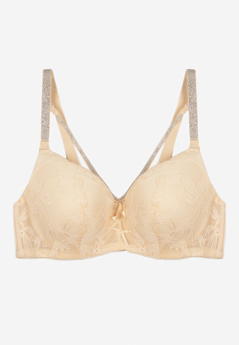 Jasnobeżowy Biustonosz z Dodatkowymi Paskami Zdobiony Koronką i Cyrkoniami Ollimi