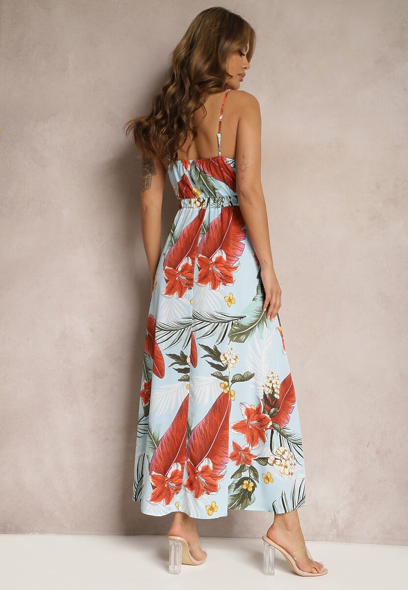 Jasnoniebieska Wiskozowa Sukienka Rozkloszowana o Kopertowym Dekolcie na Ramiączkach Filinestia