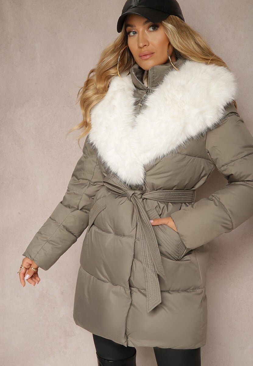 Szara Kurtka Ozdobiona Pikowaniem Odpinanym Kołnierzem z Futerkiem i Paskiem Edanora