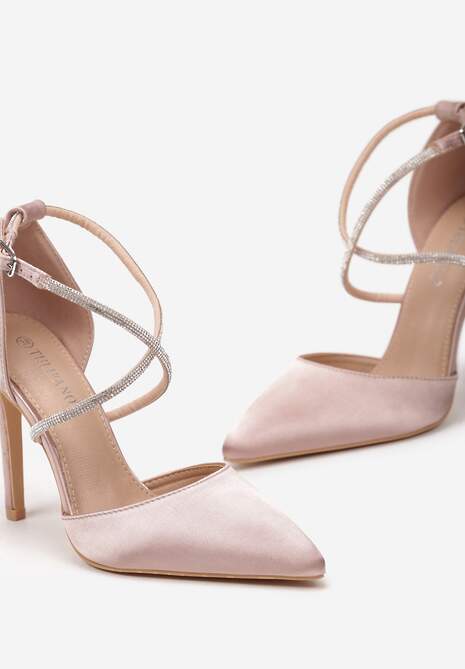 Szampańskie Satynowe Szpilki Ozdobione Cyrkoniami na Cienkich Paskach Wynstelle