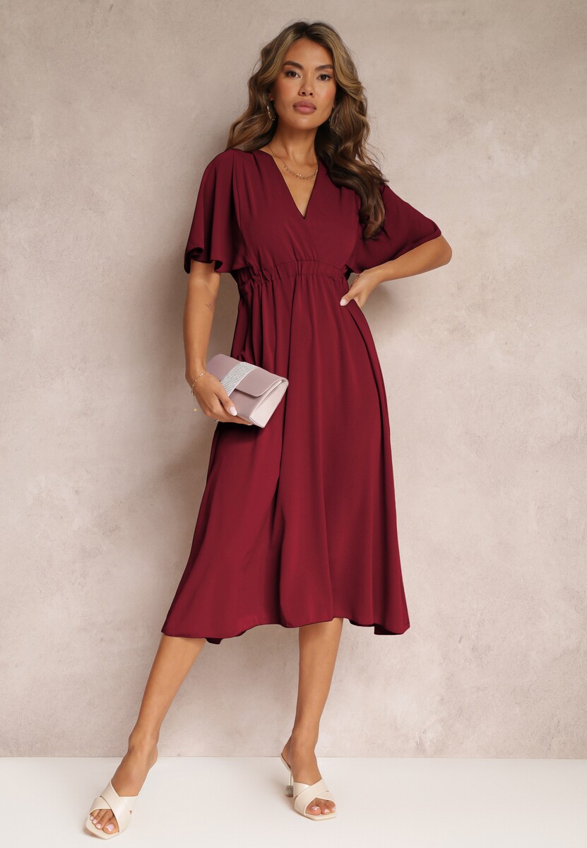 Bordowa Sukienka z Gumką w Talii Krótkim Rękawem i Kopertowym Dekoltem Kelila