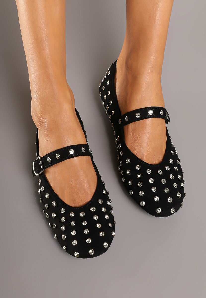 Czarne Płaskie Balerinki Vices z Cyrkoniami i Ozdobnym Paskiem Ozina