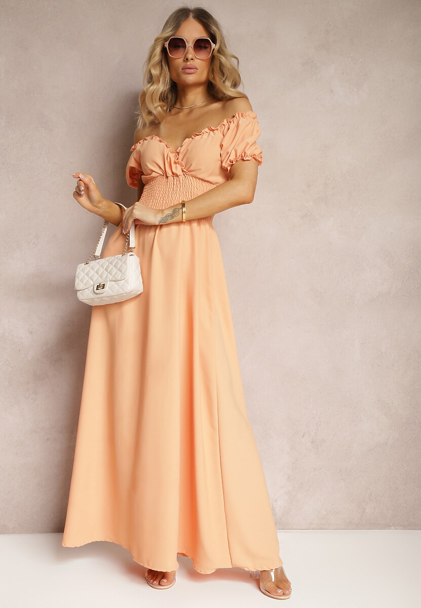 Pomarańczowa Sukienka z Wiskozy z Gumką w Talii i Kopertowym Dekoltem Rhoneri