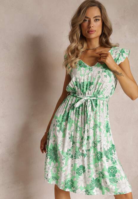 Zielona Rozkloszowana Sukienka z Wiskozy i Wiązanym Paskiem Anzio