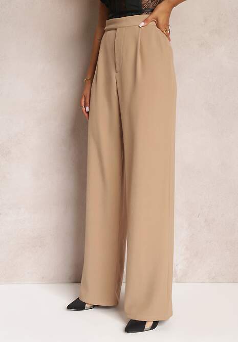 Ciemnobeżowe Szerokie Spodnie z Zapięciem na Haczyk Brutris