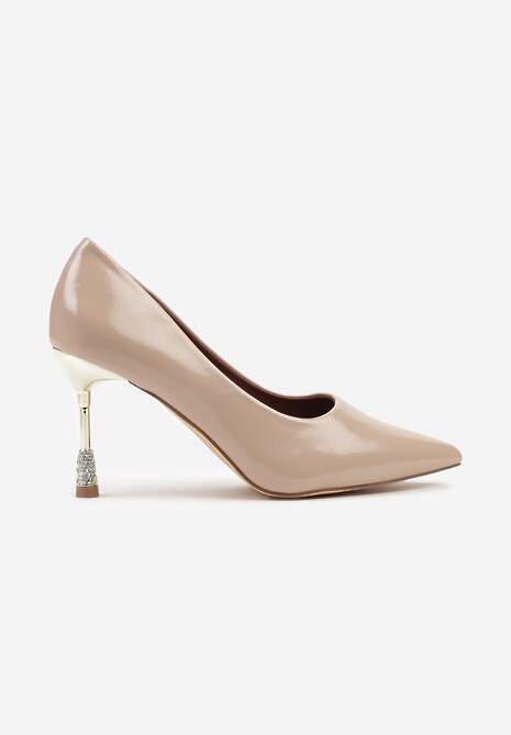 Beżowe Szpilki Lakierowane Vices ze Skórzaną Wkładką Ozdobione Cyrkoniami Cindrie