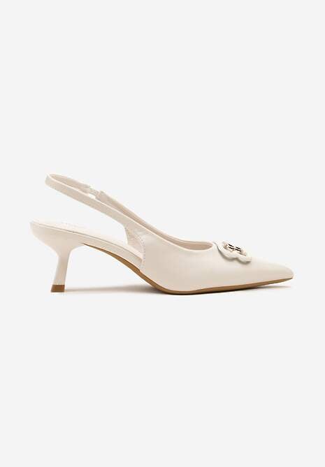 Beżowe Czółenka Sandały Vices na Kaczuszce Typu Slingback Ozdobione Metaliczną Aplikacją Lilarunea