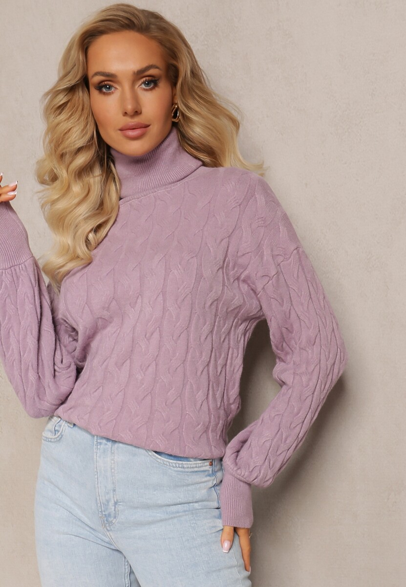 Fioletowy Sweterkowy Golf o Warkoczykowym Splocie Taitusi