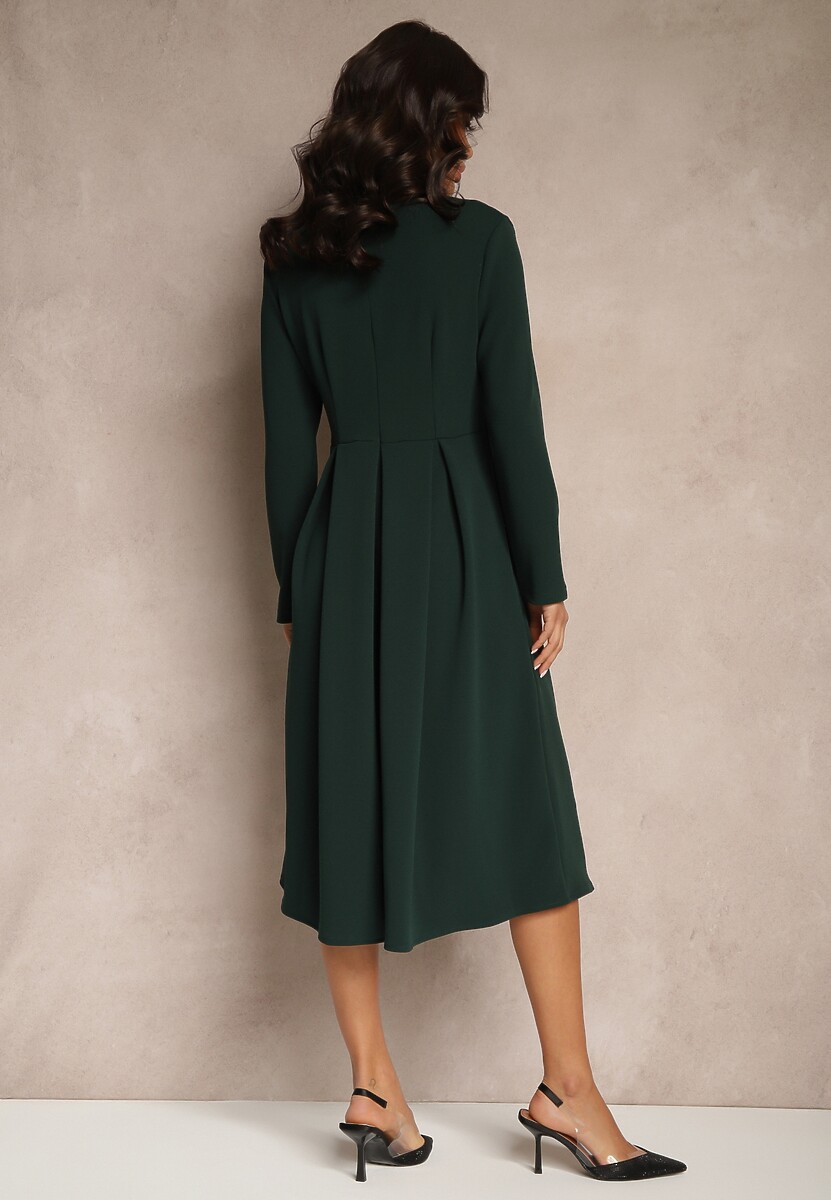 Ciemnozielona Sukienka o Rozkloszowanym Kroju z Trójkątnym Dekoltem Temivara