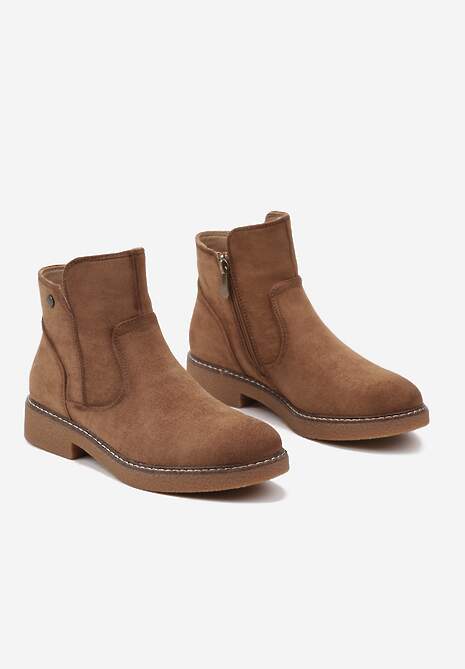 Brązowe Botki na Płaskiej Podeszwie z Ozdobnymi Przeszyciami Harirae