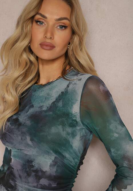 Zielona Siateczkowa Sukienka Bodycon w Marmurkowy Wzór z Rozcięciem na Dole Valerimes