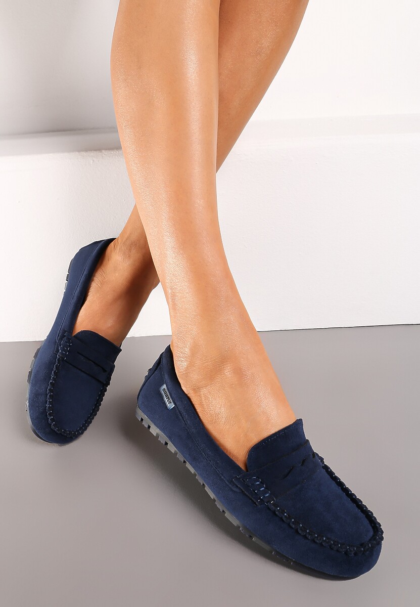 Granatowe Płaskie Mokasyny o Klasycznym Fasonie z Przeszyciem Wenniva