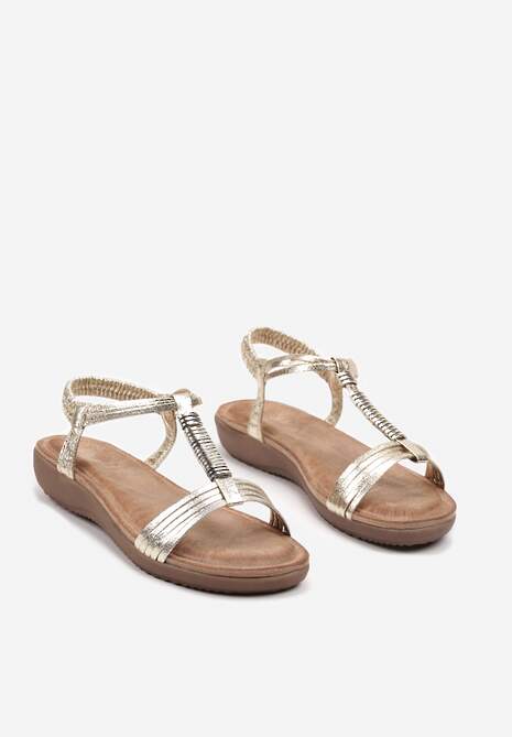Złote Płaskie Sandały Wsuwane z Metalowymi Ozdobami Testrine