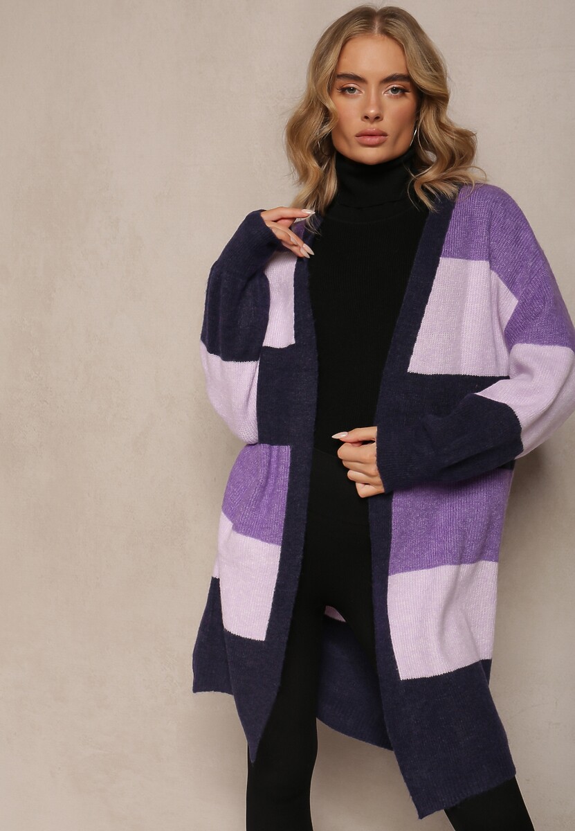 Fioletowy Luźny Kardigan Niezapinany w Paski Blikoze