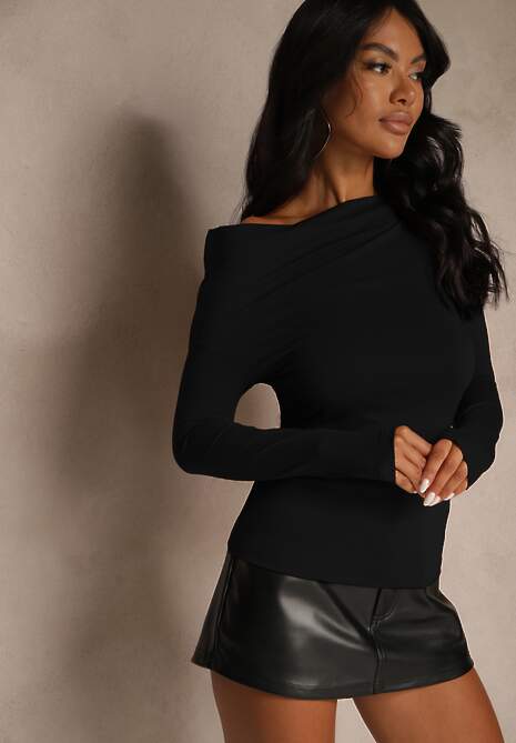 Czarna Bluzka Longsleeve Vices z Asymetrycznym Dekoltem Fertie