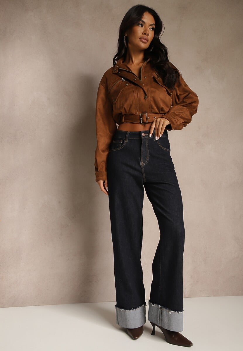 Granatowe Jeansy Wide Leg z Ozdobnie Podwiniętymi Nogawkami Zenesea