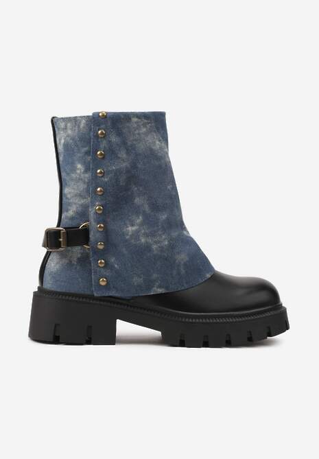 Czarno-Niebieskie Botki Ozdobione Klamrą i Wywiniętą Cholewką Ansone