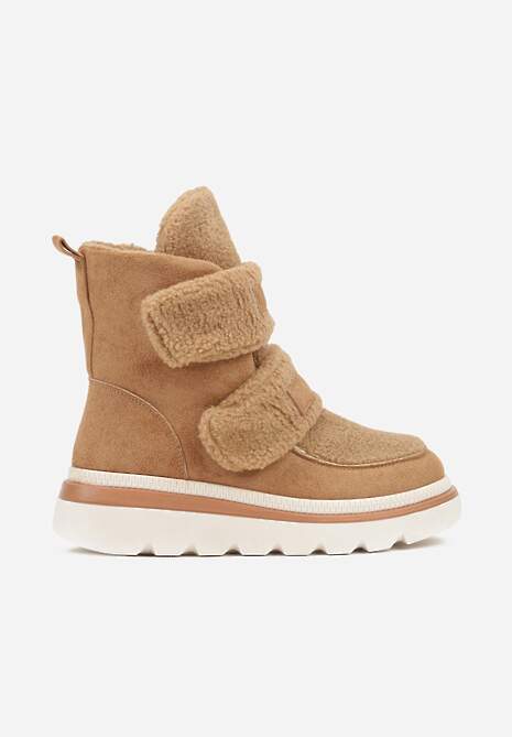 Brązowe Botki Typu Śniegowce na Platformie z Dwoma Ozdobnymi Rzepami Edarlia