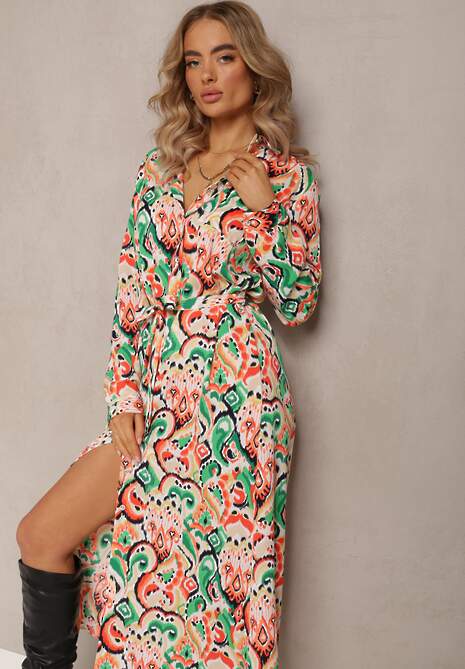 Zielono-Pomarańczowa Koszulowa Sukienka Maxi z Wiązanym Paskiem Tiamella