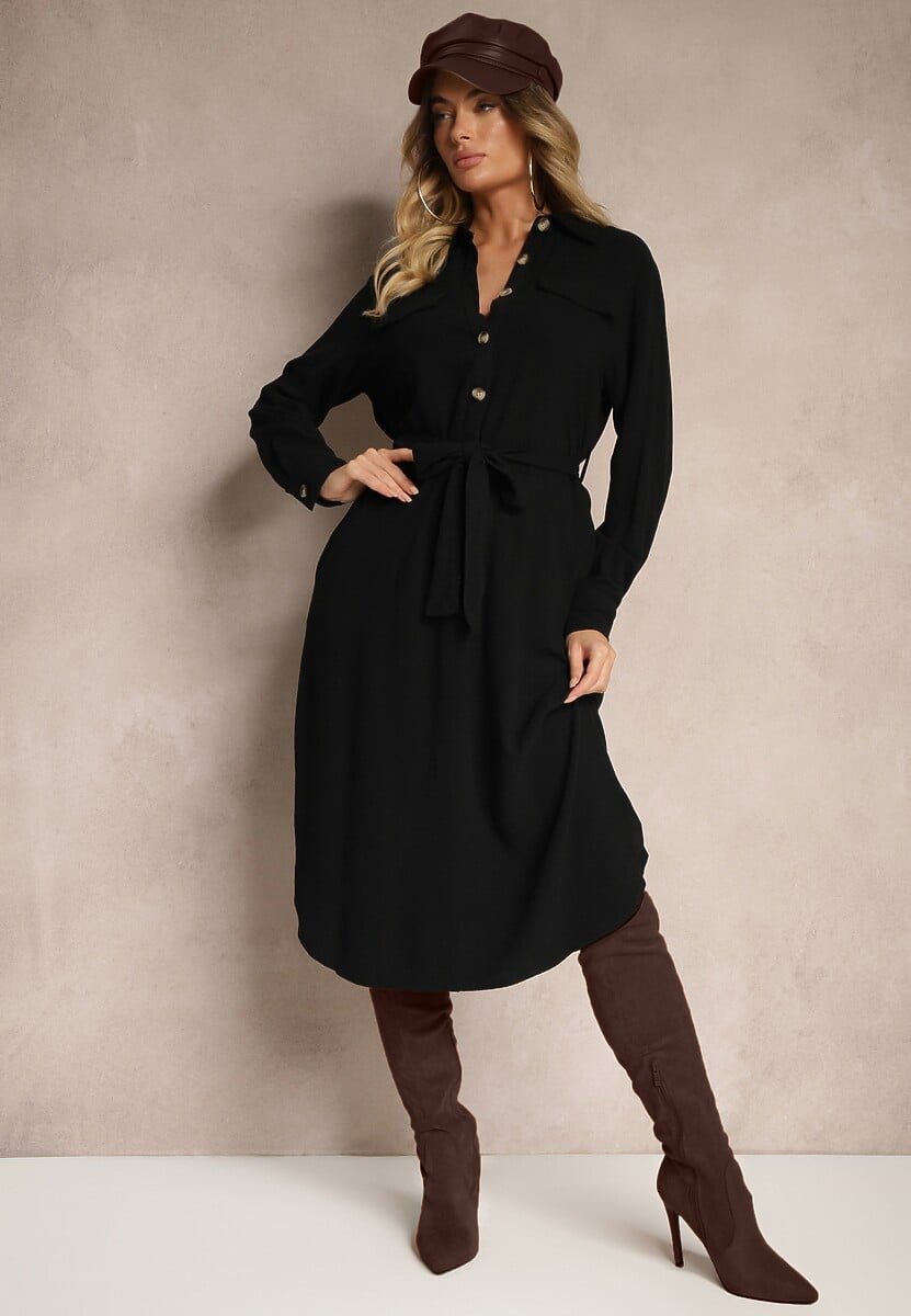 Czarna Sukienka z Bawełny o Koszulowym Kroju Wiązana w Talii Zinrose