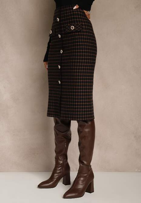 Czarna Tweedowa Spódnica Ołówkowa w Kratę z Guzikami Aretusa