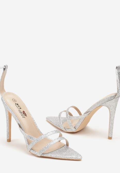 Srebrne Wiązane Sandały na Szpilce z Brokatem Asinae