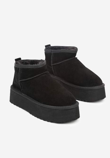 Czarne Wsuwane Śniegowce z Zamszu Naturalnego na Grubej Podeszwie Mevilira