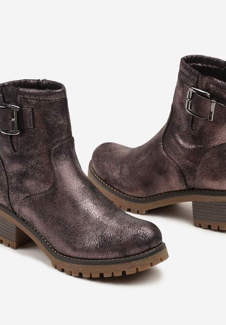 Brązowo-Złote Botki na Obcasie z Metalicznym Połyskiem i Ozdobną Klamerką Besaltia