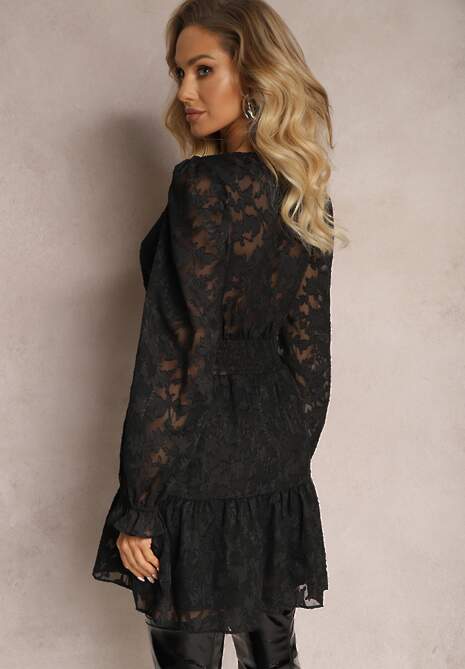 Czarna Rozkloszowana Sukienka Mini z Tkaniny Plumeti Marsane