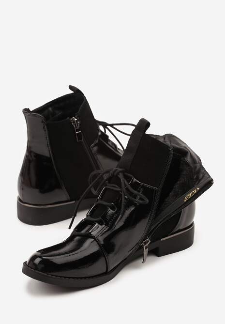 Czarne Botki Vices Lakierowane ze Sznurowaną Cholewką i Elastycznymi Panelami Flilera
