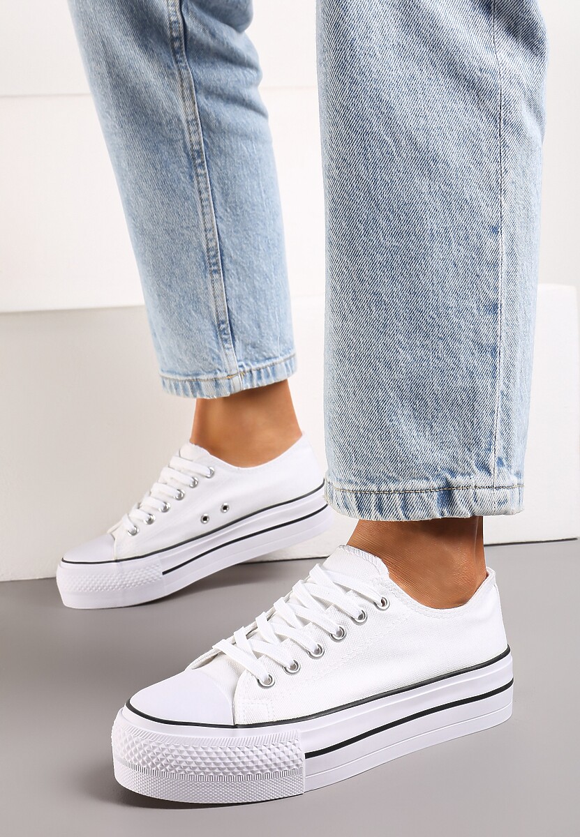 Białe Klasyczne Trampki przed Kostkę na Grubej Podeszwie Lindeheta