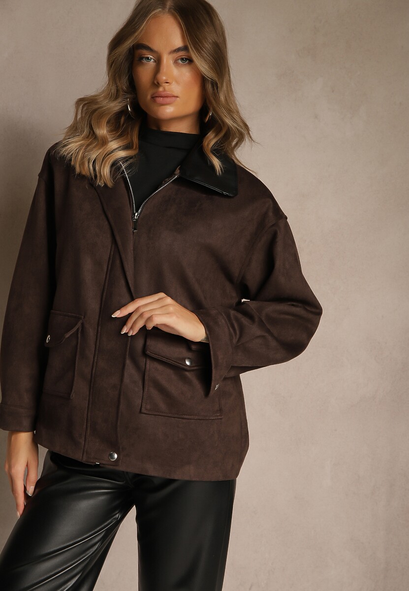 Brązowa Koszulowa Kurtka Barn Jacket z Imitacji Zamszu Ralasania