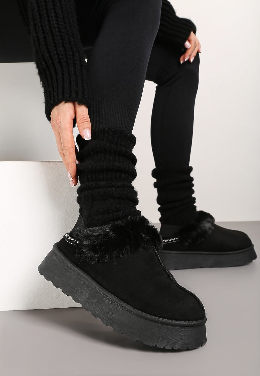 Czarne Śniegowce na Platformie Ozdobione Futerkiem i Paskiem na Pięcie Inarine