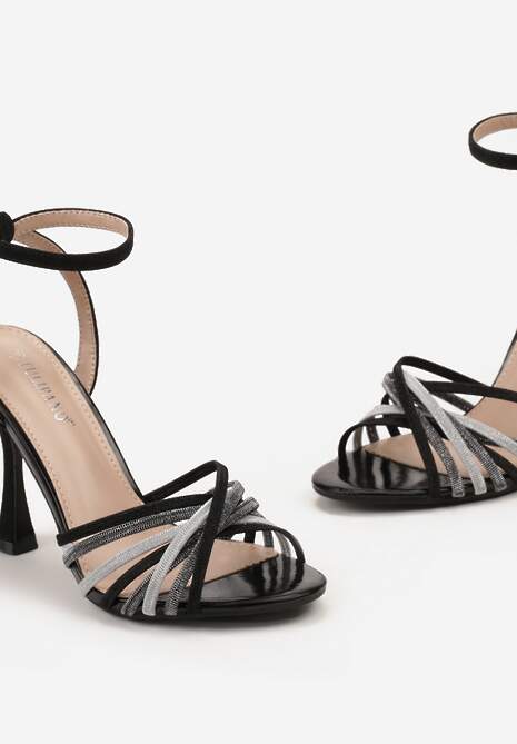 Czarne Sandały Zapinane wokół Kostki na Szpilce z Brokatem Naien