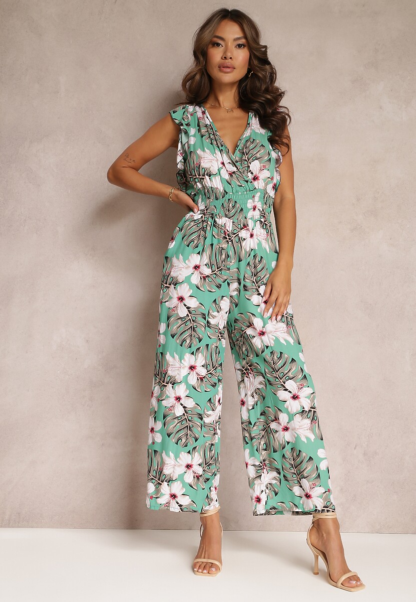 Miętowy Długi Kombinezon Bawełniany w Kwiaty Vegita