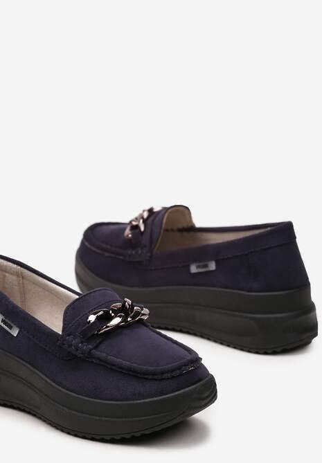 Granatowe Mokasyny z Łańcuszkiem na Wysokiej Platformie Iracana