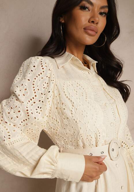 Beżowa Ażurowa Sukienka Koszulowa z Paskiem z Lnu i Wiskozy Arinemes