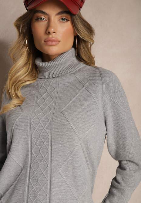 Szary Sweterkowy Komplet z Dopasowaną Spódnicą i Swetrem z Golfem o Wzorzystym Splocie Sintria