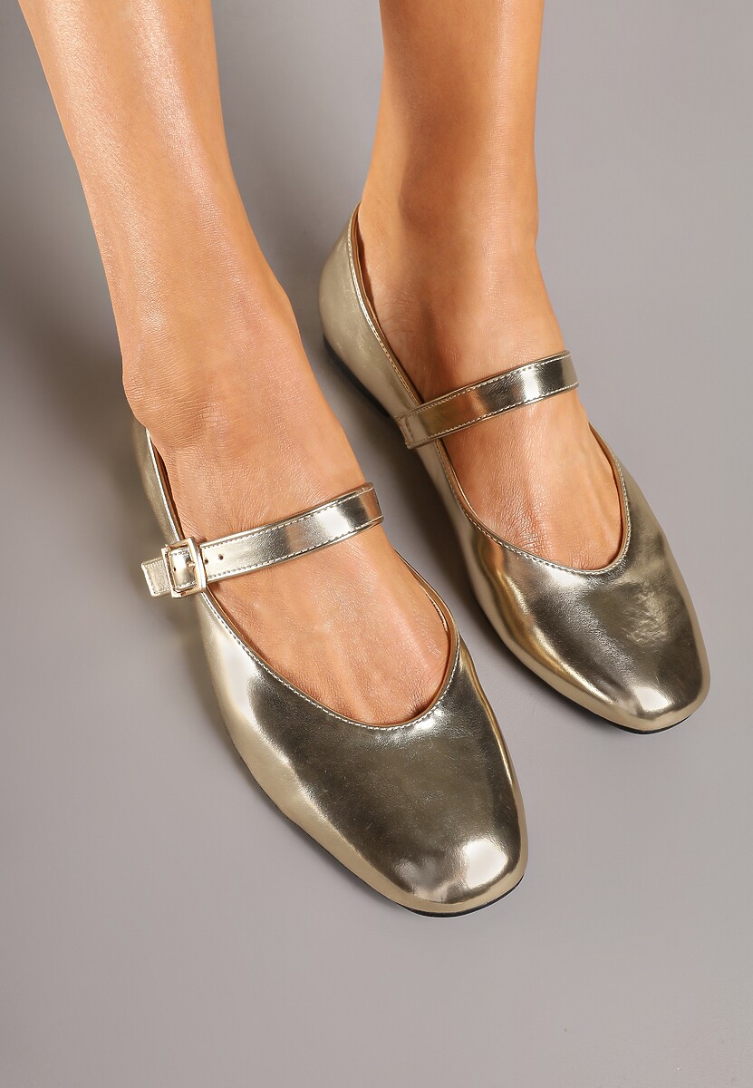 Złote Casualowe Balerinki z Paskiem ze Sprzączką Asideria