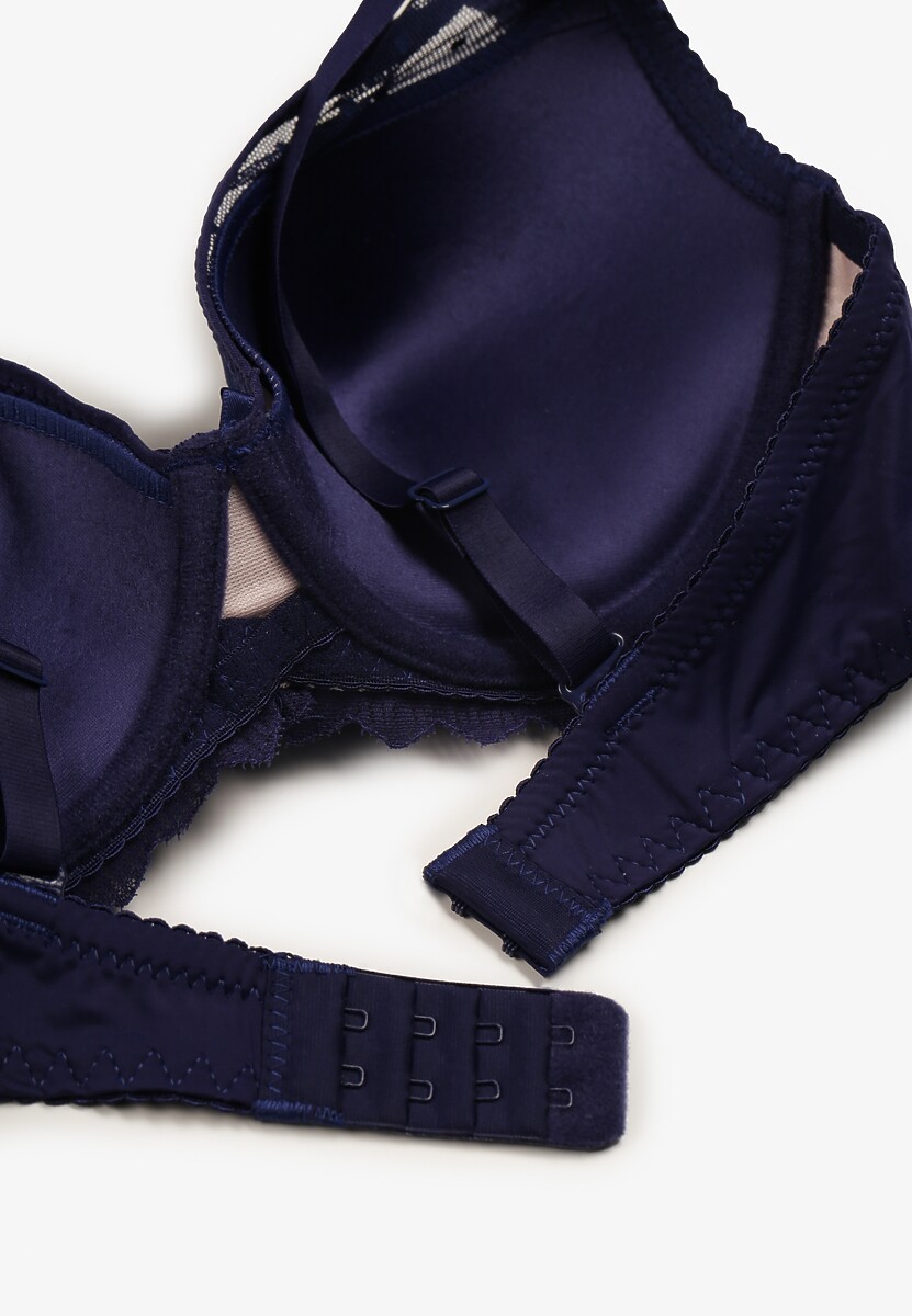 Granatowy Usztywniany Biustonosz Full Cup z Subtelną Koronką Serumka