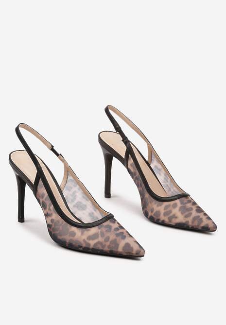 Czarne Panterkowe Szpilki z Siateczki z Noskiem w Szpic i Odkrytą Piętą Biterta