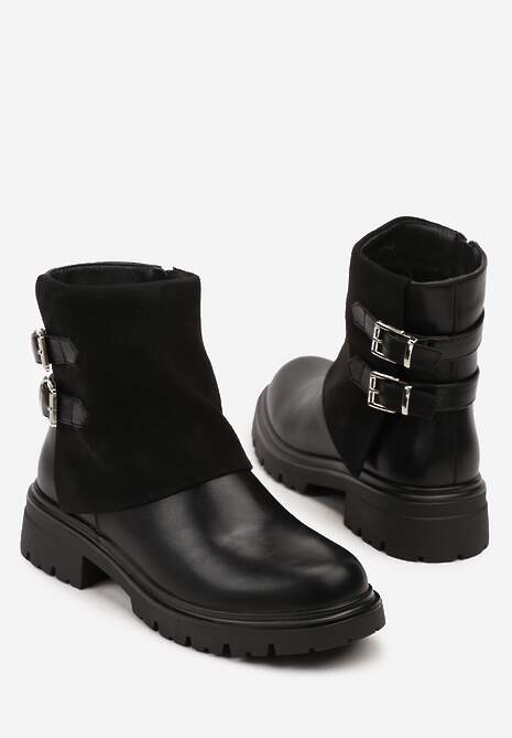 Czarne Botki Bikery z Wywiniętą Cholewką i Dwiema Klamrami Parotie