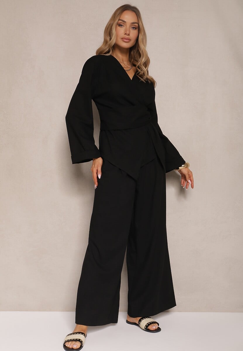 Czarny Komplet z Lnem Spodnie i Bluzka o Kopertowym Kroju Korinoria