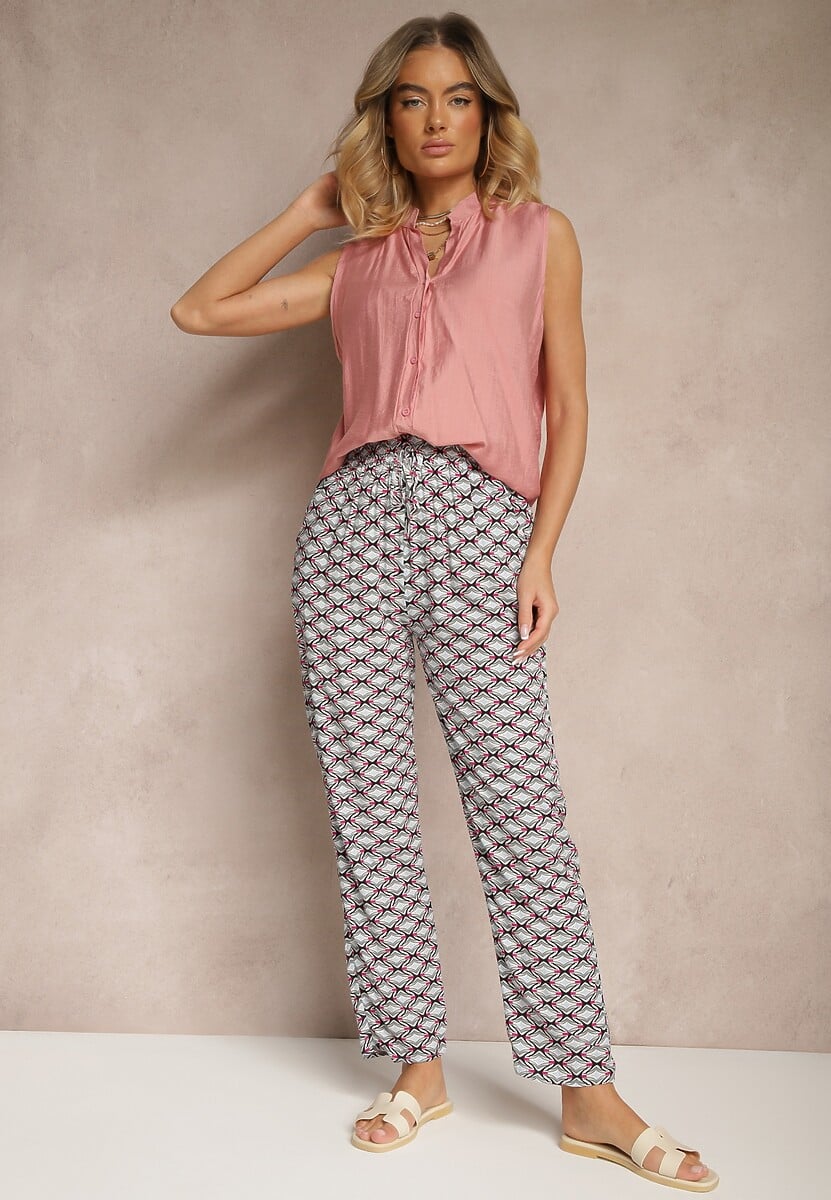 Zielone Bawełniane Spodnie z Kieszeniami Zdobione Geometrycznym Printem Lisariella