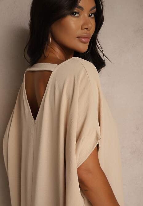 Beżowa Sukienka Mini o Fasonie Nietoperza z Okrągłym Dekoltem Maglia