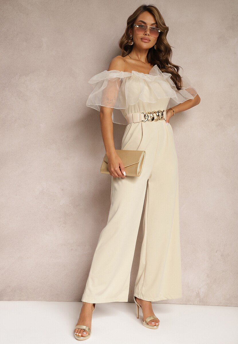 Beżowy Koktajlowy Kombinezon z Falbanką przy Dekolcie bez Rękawów Tessita