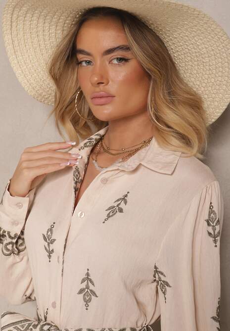 Beżowa Koszulowa Sukienka w Stylu Szmizjerki z Wiskozy Wiązana w Talii Telaniwena