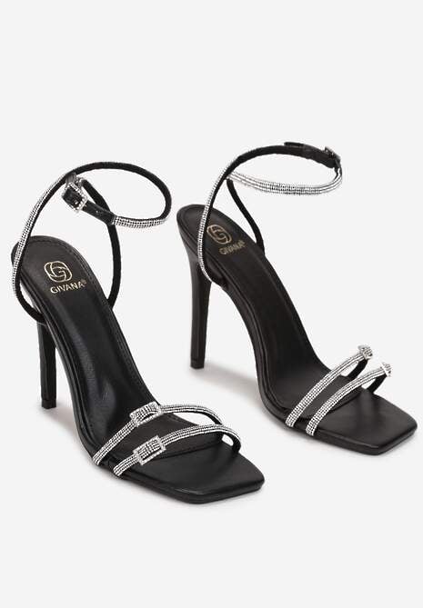 Czarne Sandały na Szpilce z Paskami ze Sprzączką i Cyrkoniami Rurmi
