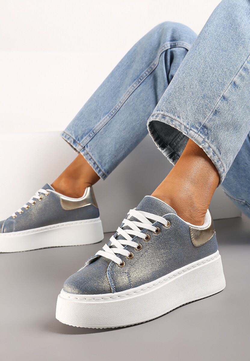 Niebiesko-Złote Sneakersy na Grubej Podeszwie przed Kostkę z Metaliczną Wstawką Morabell